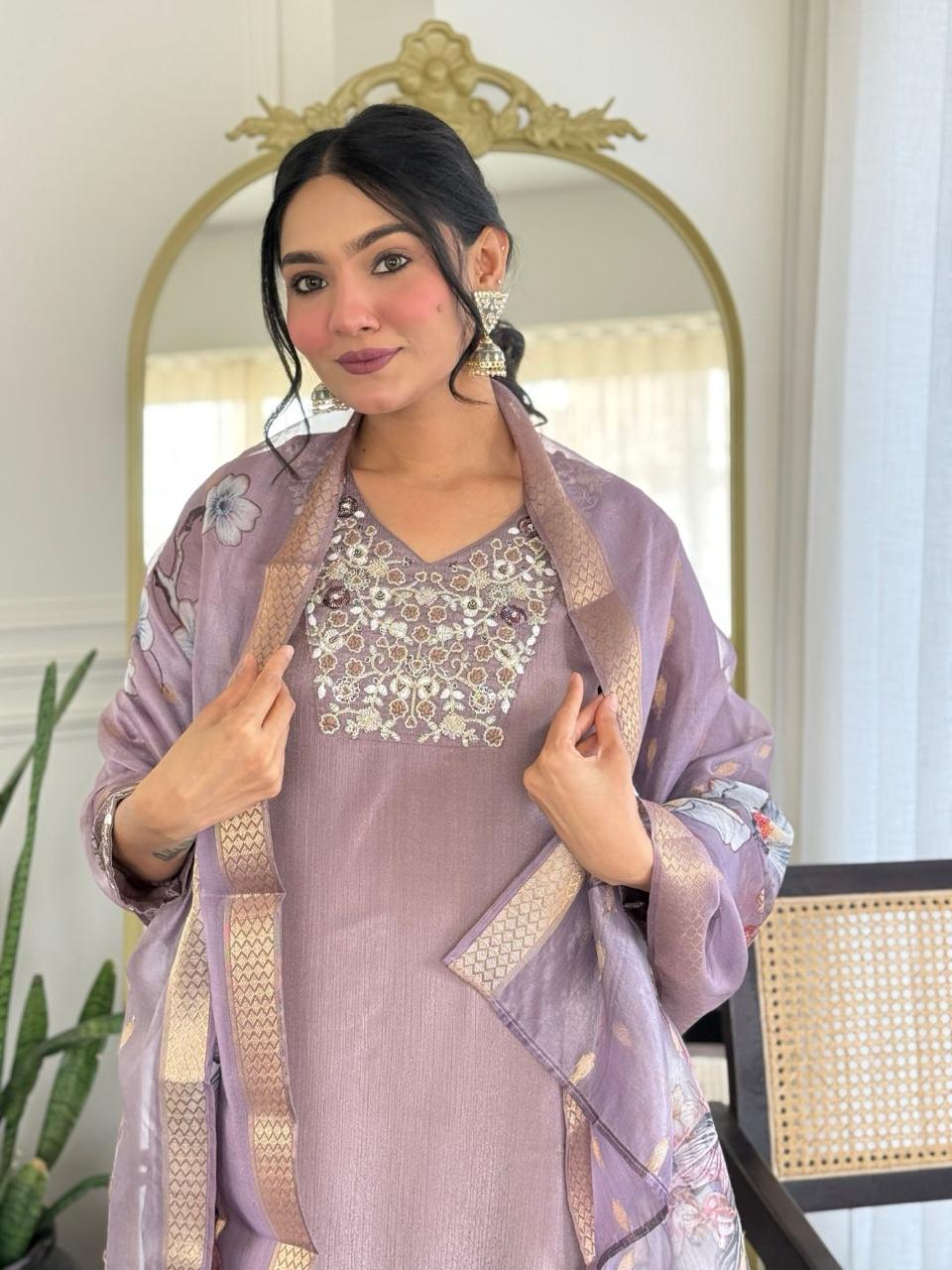 Elegant Designer Crepe Silk Embroidered Suit Set with Tissue Silk Dupatta - Image 14