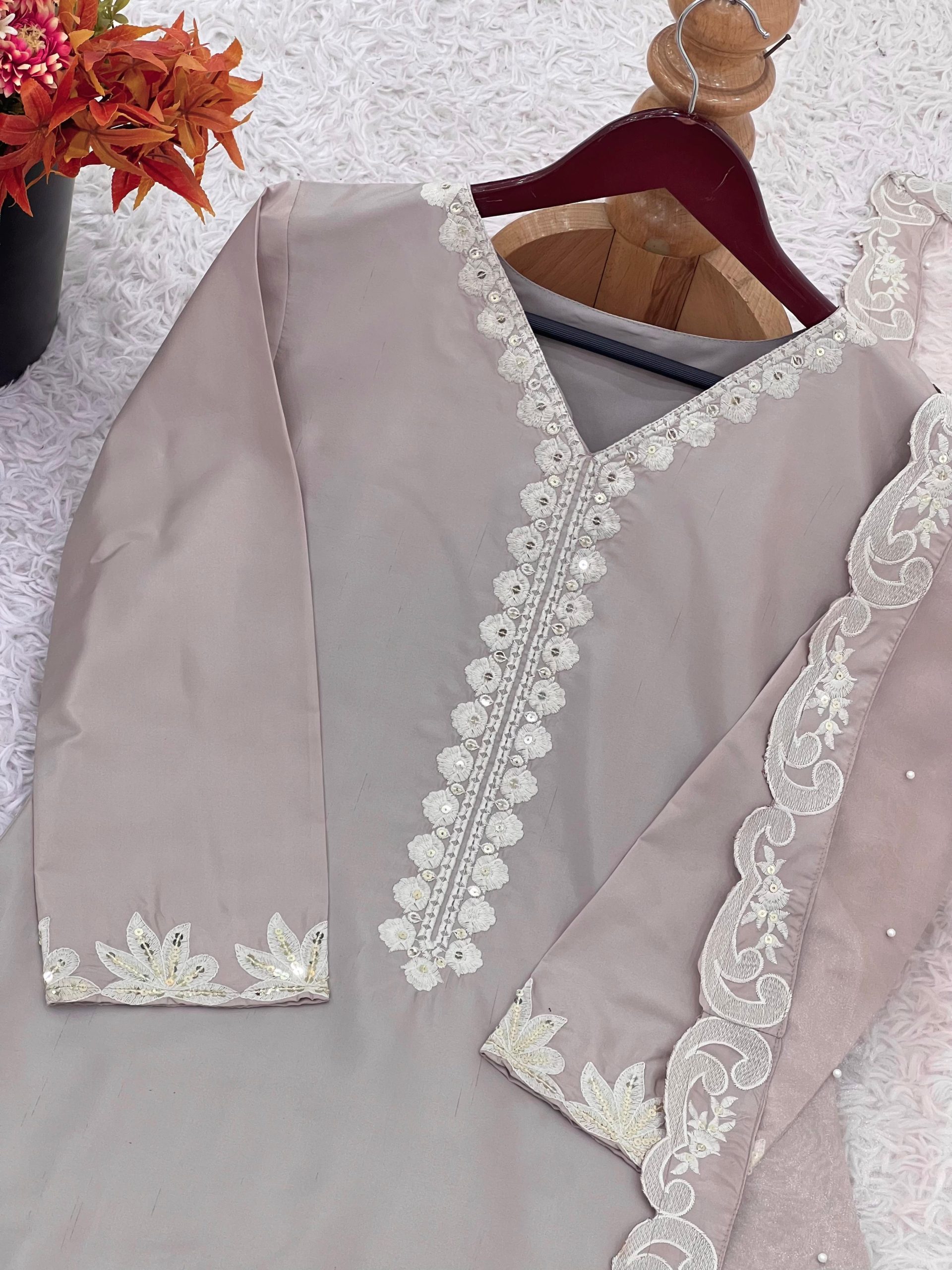 Elegant Designer Crepe Silk Embroidered Suit Set with Tissue Silk Dupatta - Image 5