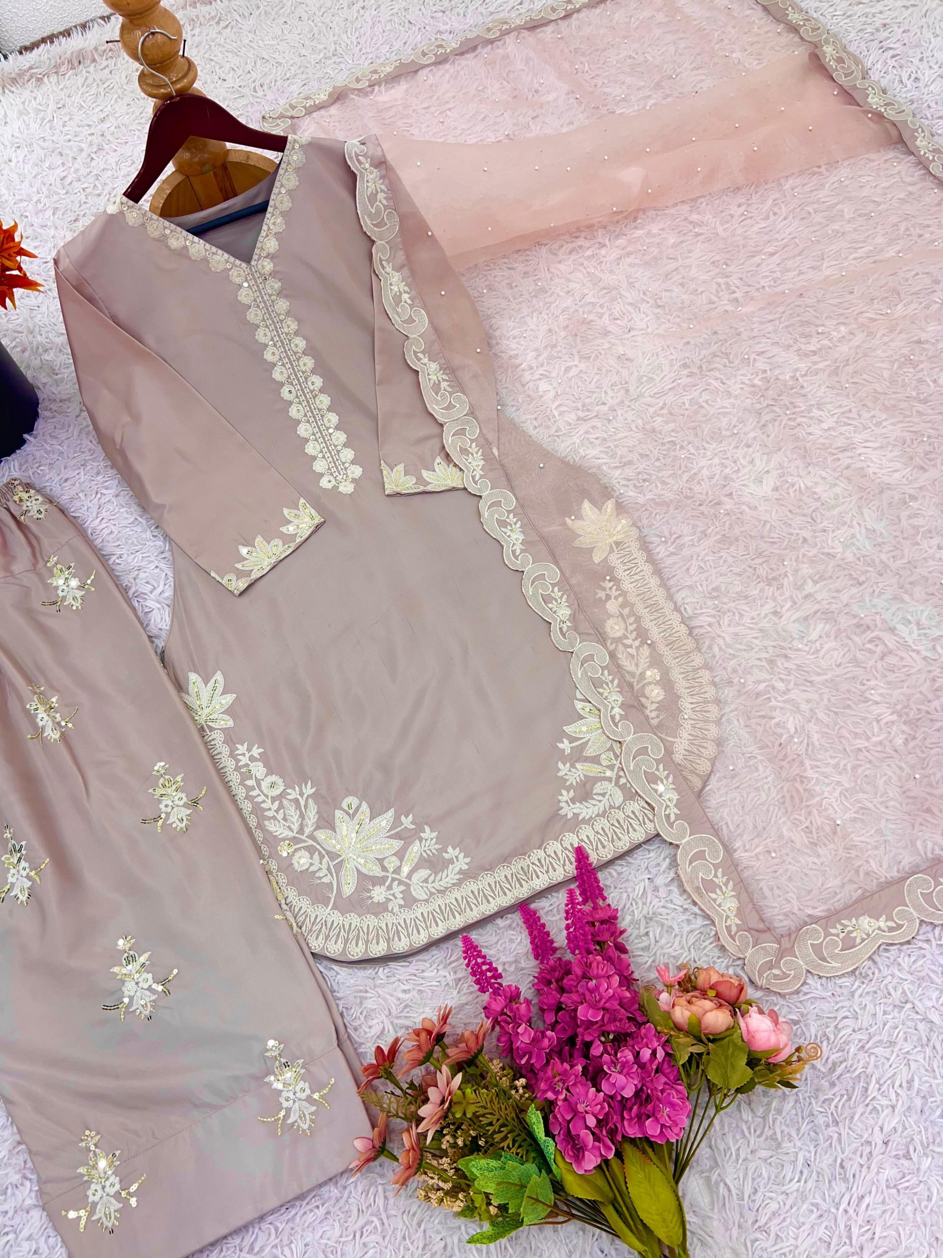 Elegant Designer Crepe Silk Embroidered Suit Set with Tissue Silk Dupatta - Image 4