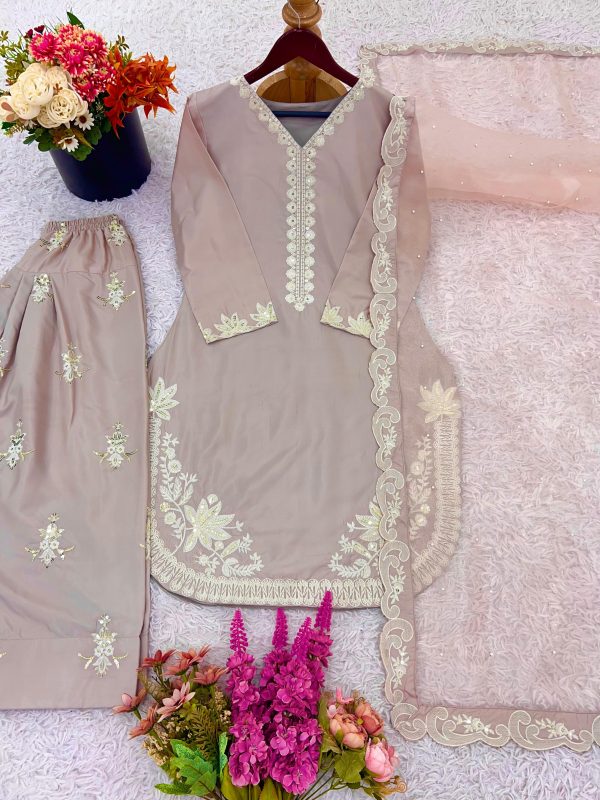Elegant Designer Crepe Silk Embroidered Suit Set with Tissue Silk Dupatta - Image 2