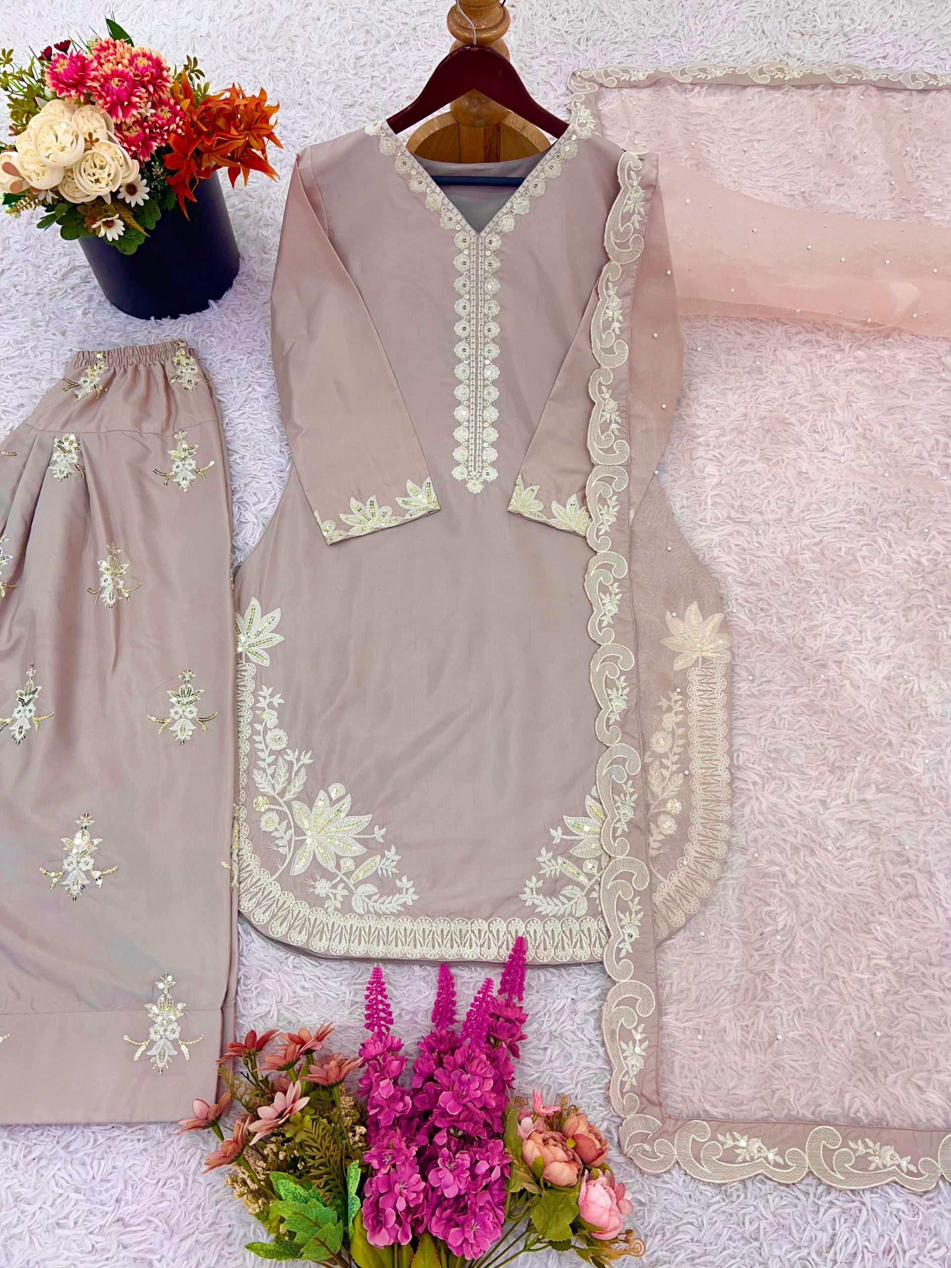 Elegant Designer Crepe Silk Embroidered Suit Set with Tissue Silk Dupatta - Image 2