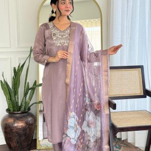 Elegant Designer Crepe Silk Embroidered Suit Set with Tissue Silk Dupatta