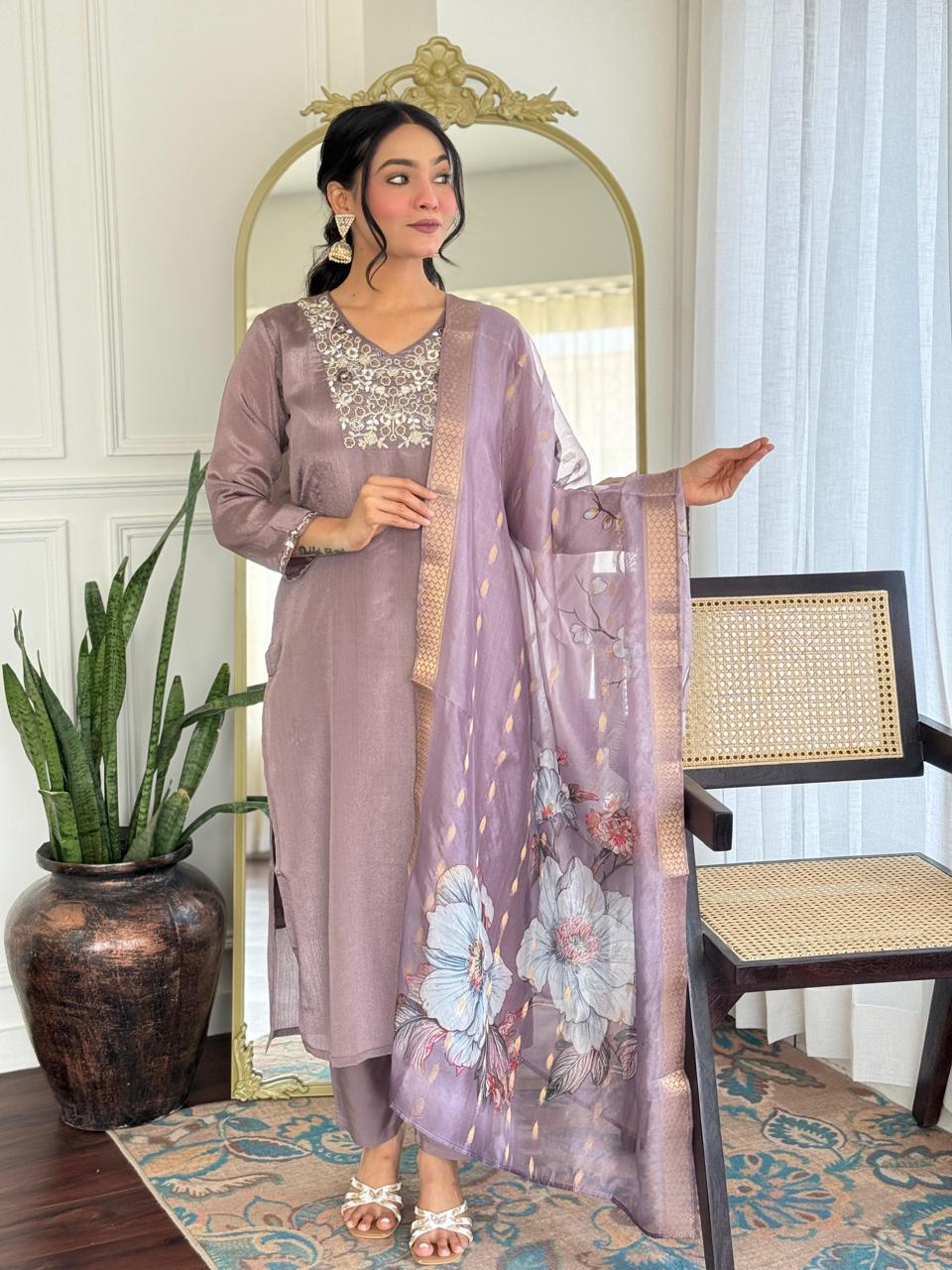 Elegant Designer Crepe Silk Embroidered Suit Set with Tissue Silk Dupatta