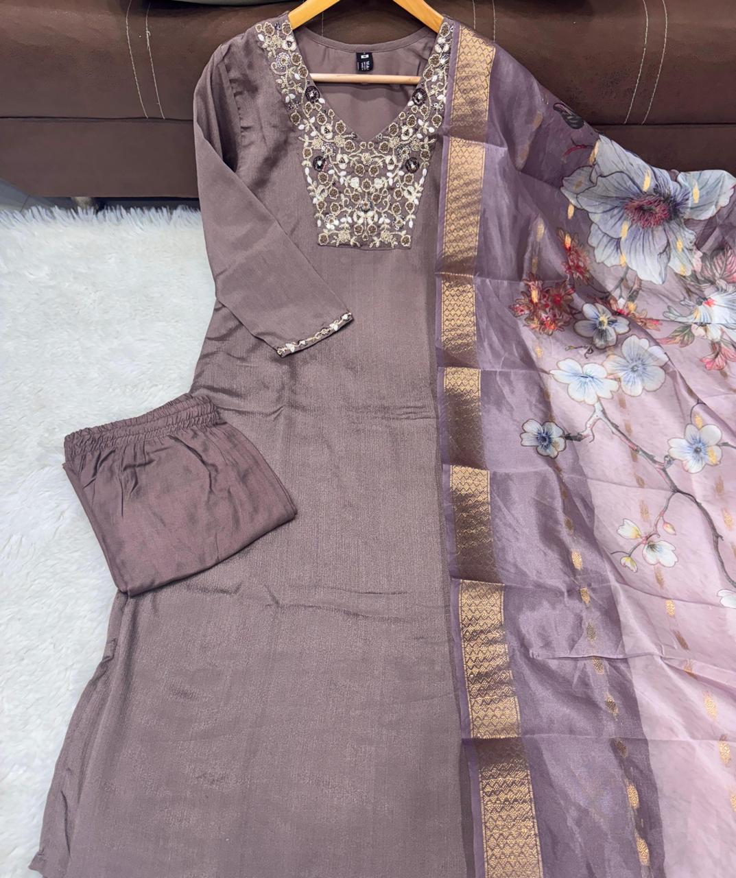 Elegant Designer Crepe Silk Embroidered Suit Set with Tissue Silk Dupatta - Image 9