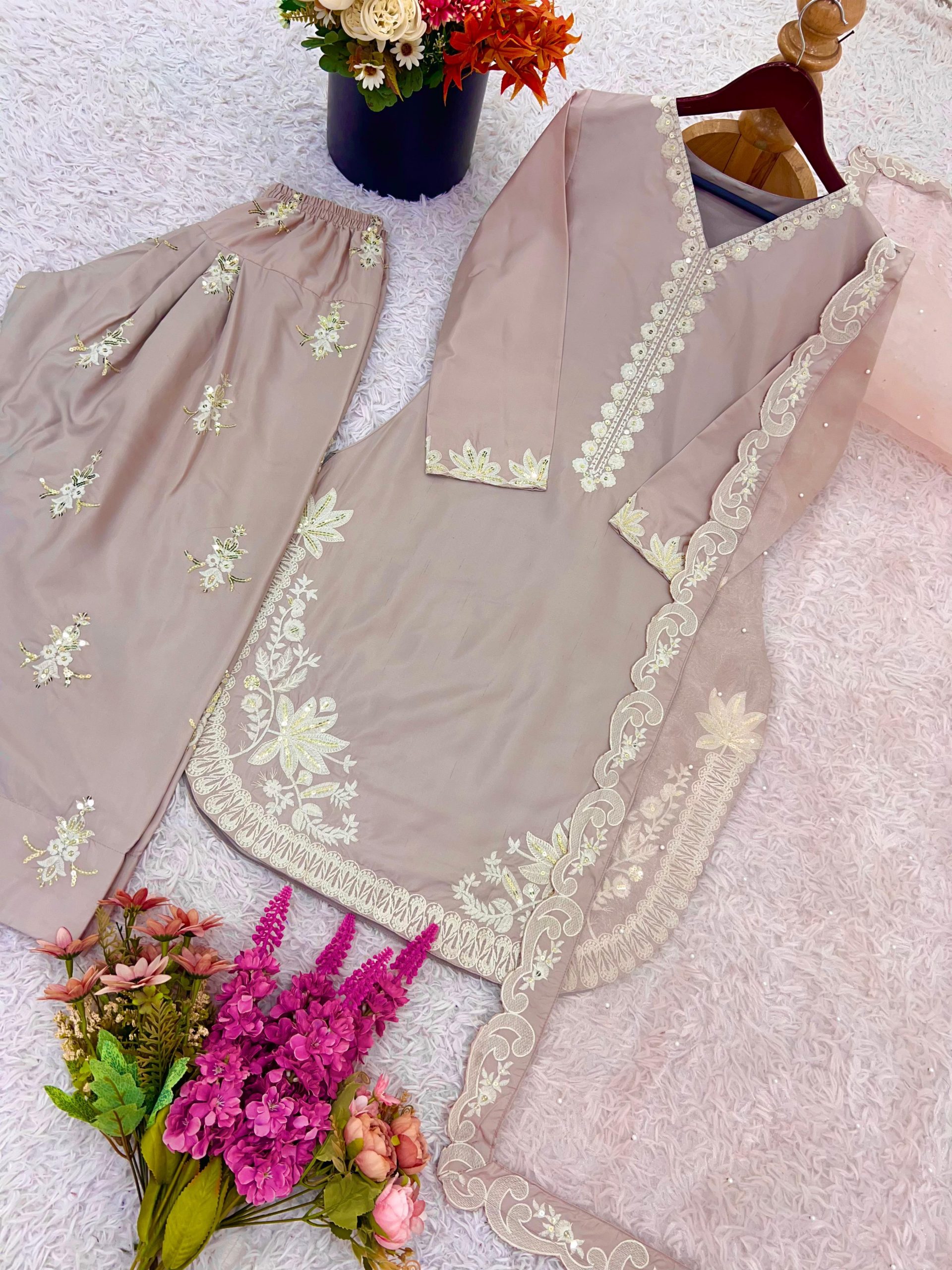 Elegant Designer Crepe Silk Embroidered Suit Set with Tissue Silk Dupatta - Image 7