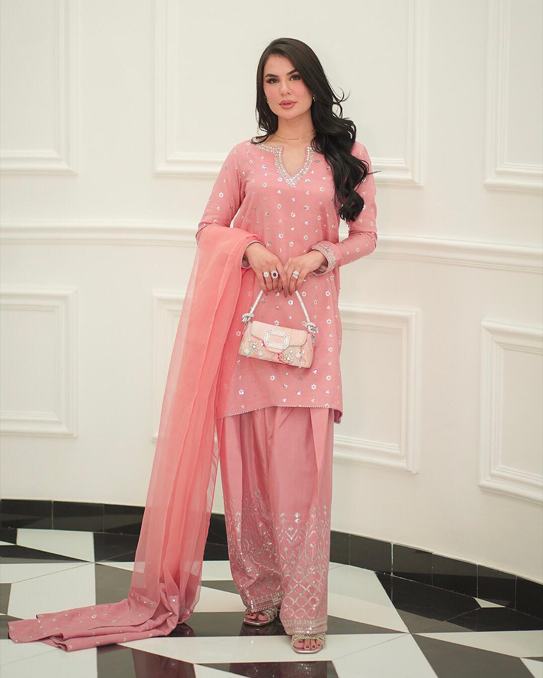 Designer Chinnon Silk Top with Farshi Salwar & Organza Dupatta - Image 2