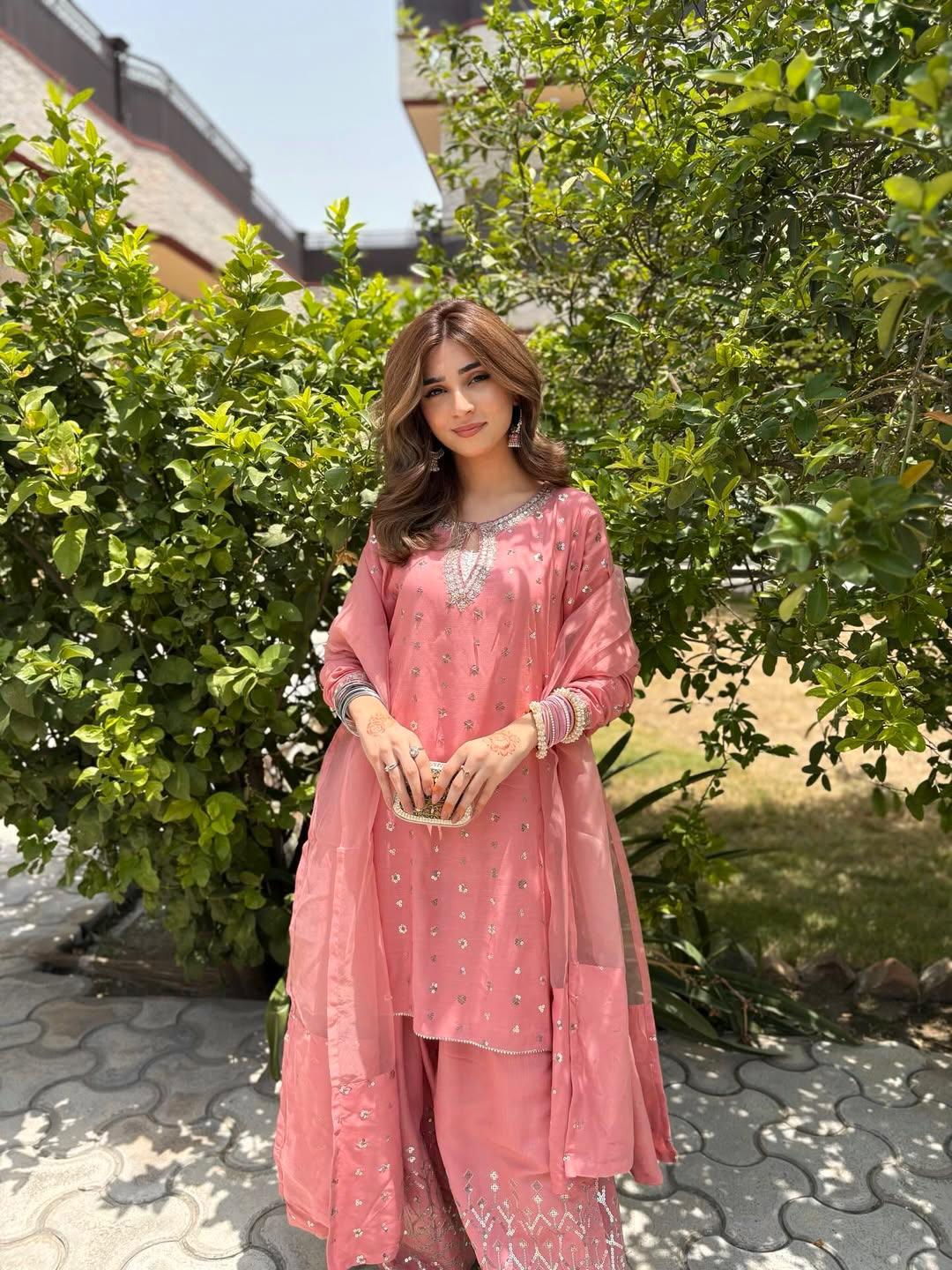 Designer Chinnon Silk Top with Farshi Salwar & Organza Dupatta - Image 12