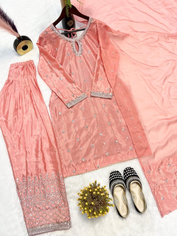 Designer Chinnon Silk Top with Farshi Salwar & Organza Dupatta - Image 13
