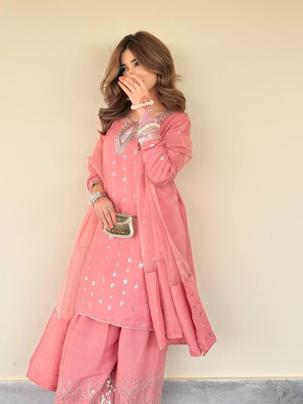 Designer Chinnon Silk Top with Farshi Salwar & Organza Dupatta - Image 15