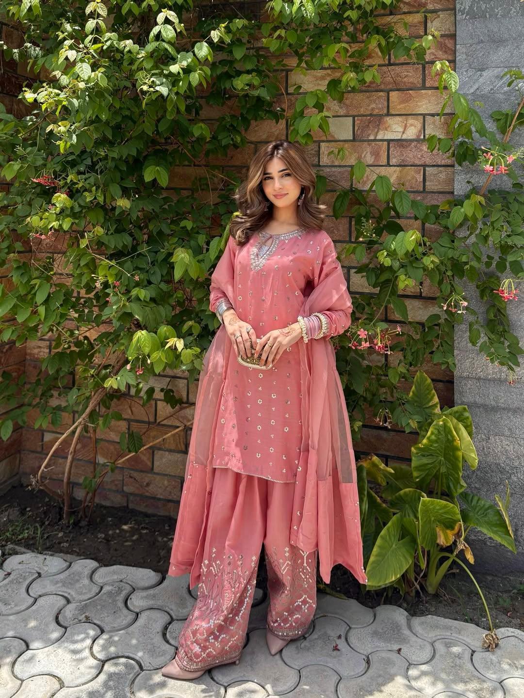 Designer Chinnon Silk Top with Farshi Salwar & Organza Dupatta - Image 16
