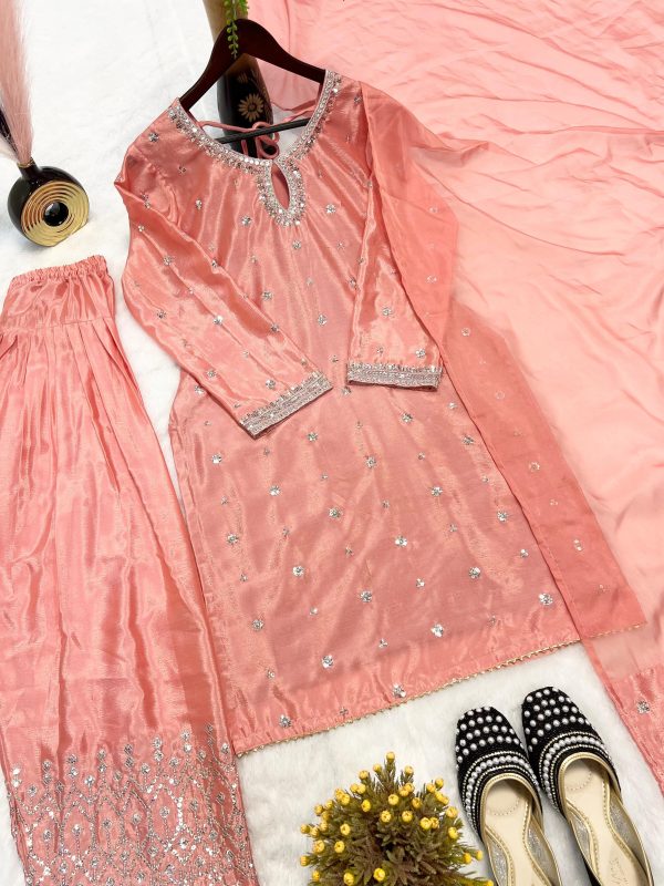 Designer Chinnon Silk Top with Farshi Salwar & Organza Dupatta - Image 20