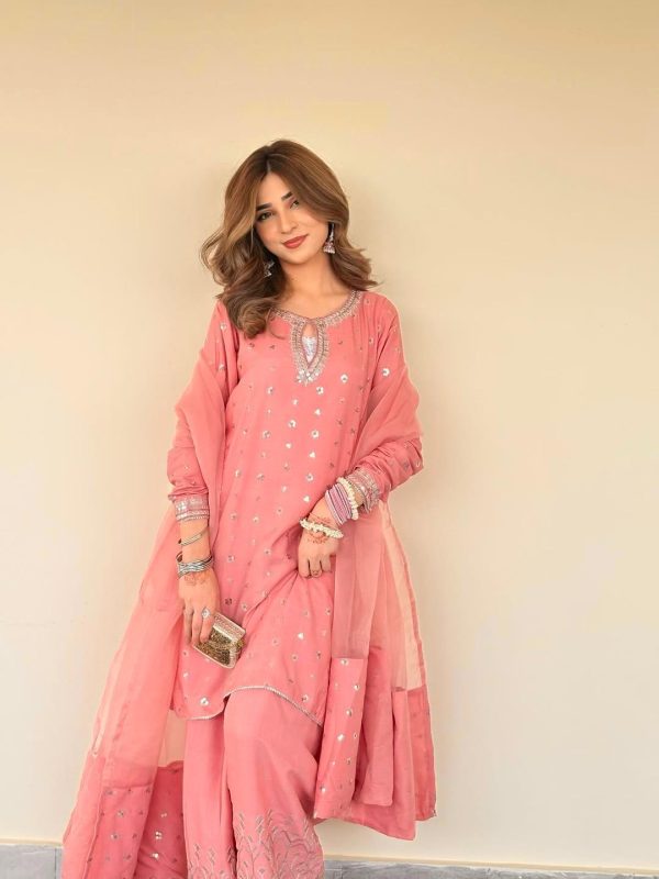 Designer Chinnon Silk Top with Farshi Salwar & Organza Dupatta - Image 3