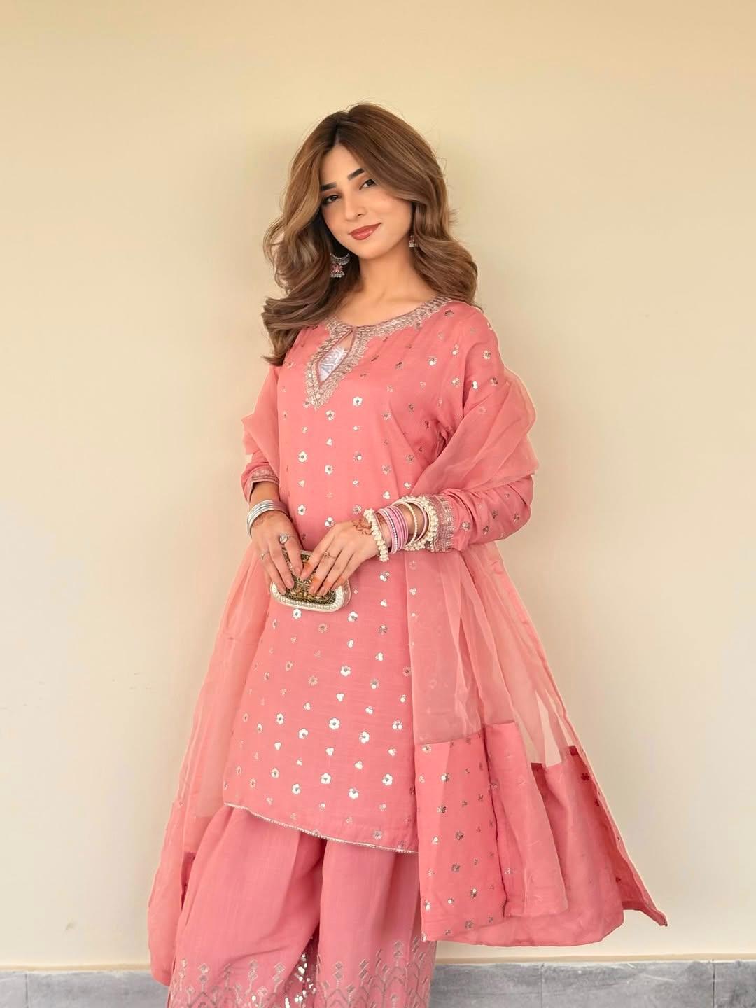 Designer Chinnon Silk Top with Farshi Salwar & Organza Dupatta - Image 4