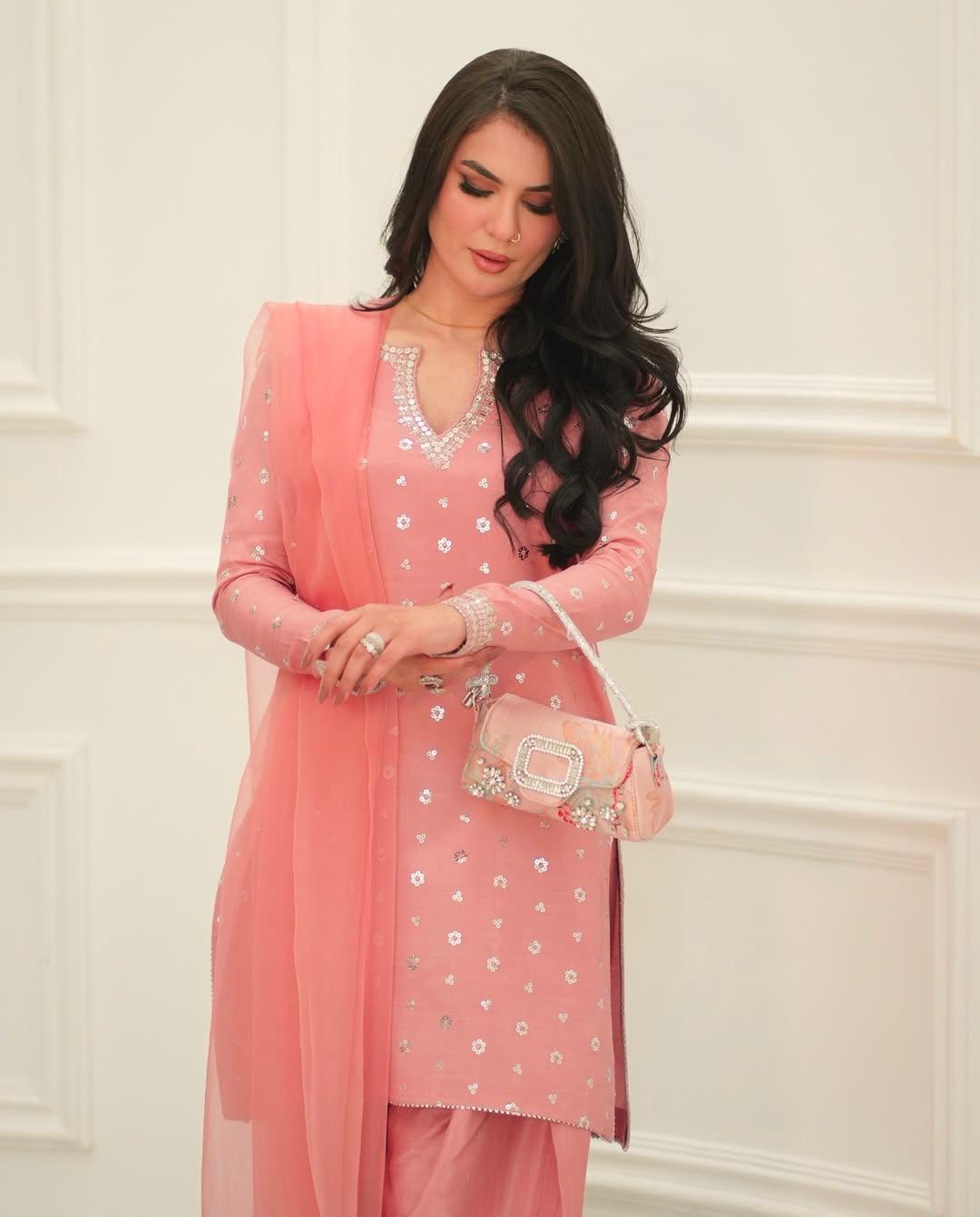Designer Chinnon Silk Top with Farshi Salwar & Organza Dupatta - Image 6