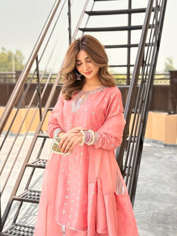 Designer Chinnon Silk Top with Farshi Salwar & Organza Dupatta - Image 8