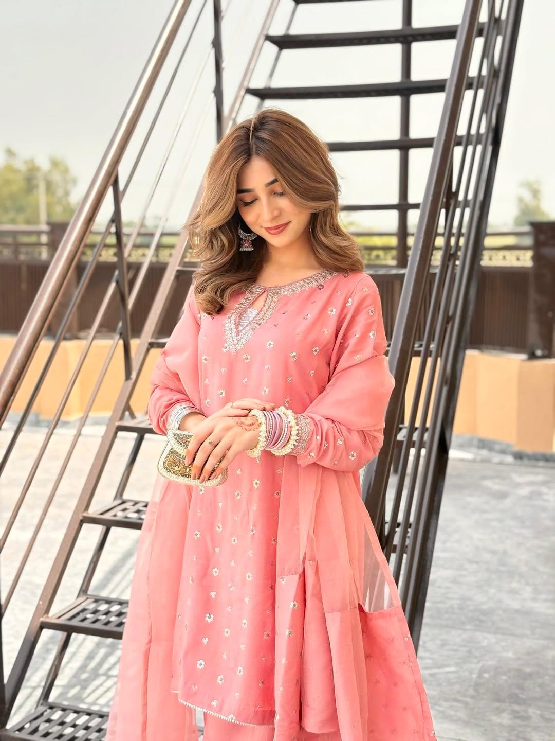 Designer Chinnon Silk Top with Farshi Salwar & Organza Dupatta - Image 8