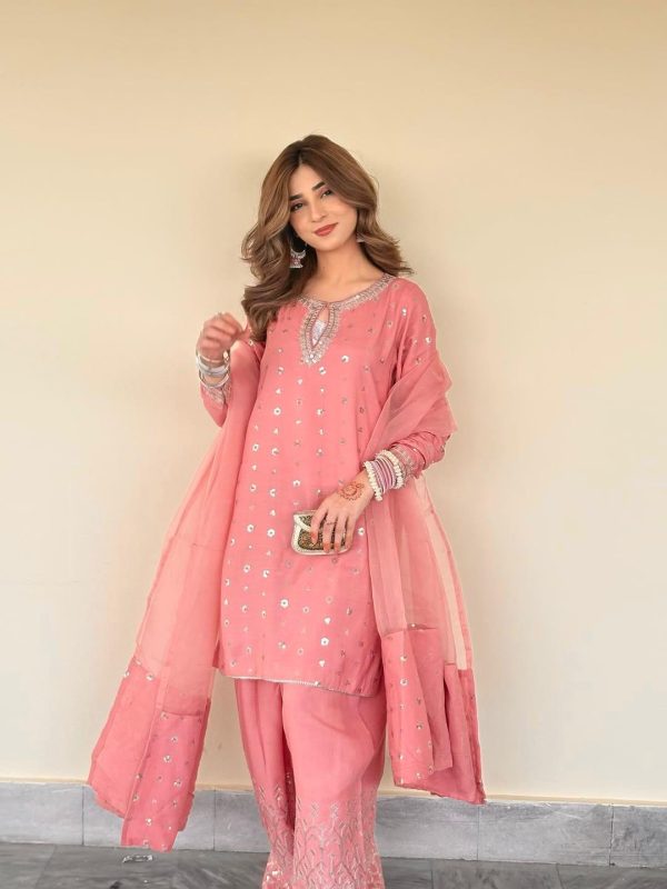 Designer Chinnon Silk Top with Farshi Salwar & Organza Dupatta - Image 9