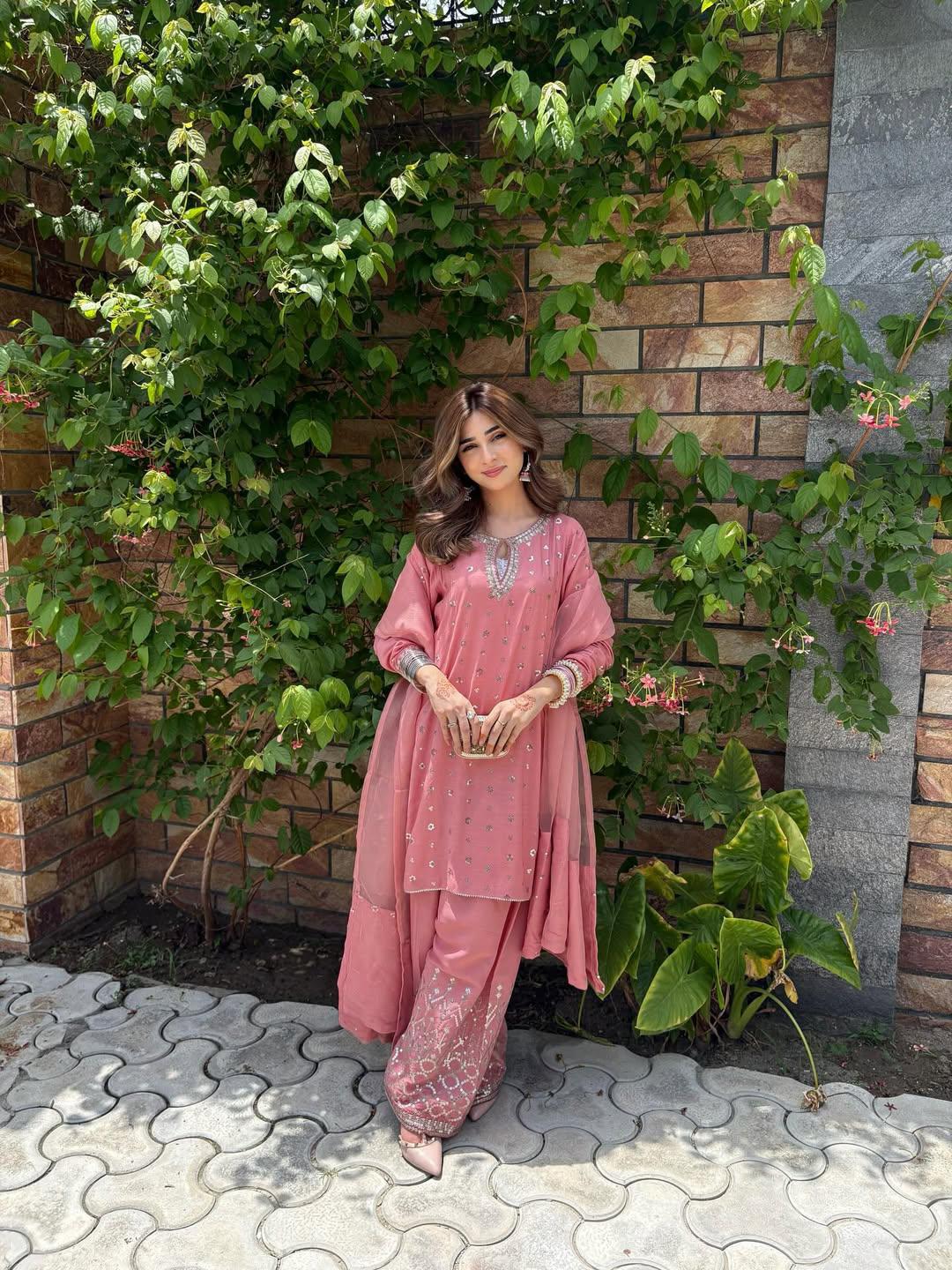 Designer Chinnon Silk Top with Farshi Salwar & Organza Dupatta - Image 10