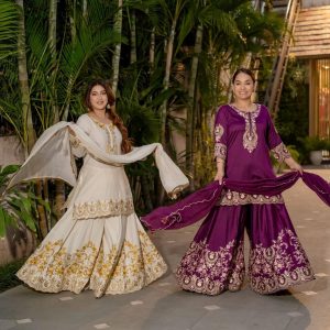 Alternative view of Designer Embroidered Sharara Suit Set in French Crepe – Ready to Wear