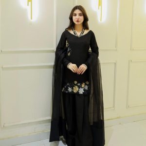 Elegant Black Floral Crepe Silk Suit Set – Ready to Wear