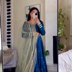 Alternative view of Elegant Blue Satin Silk Embroidered Gown Set
