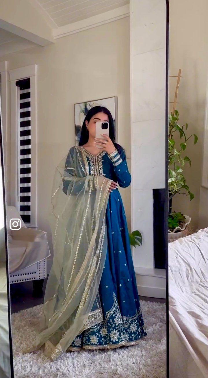 Elegant Blue Satin Silk Embroidered Gown Set - Image 2
