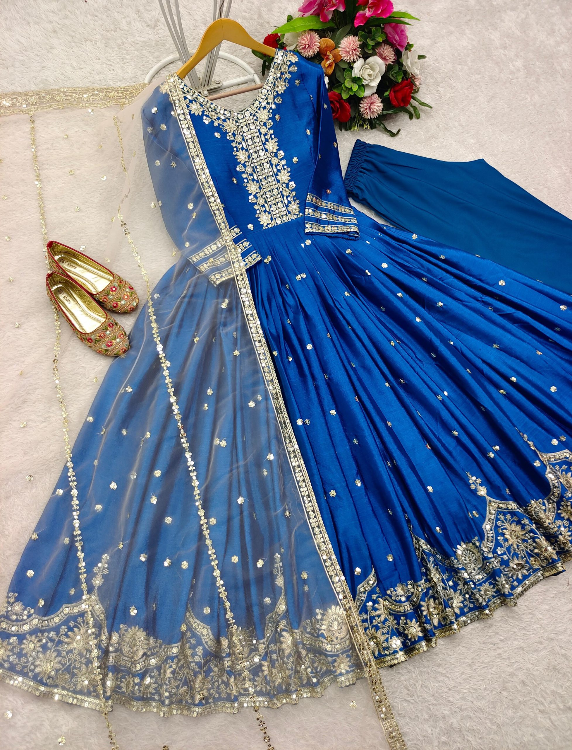 Elegant Blue Satin Silk Embroidered Gown Set - Image 3