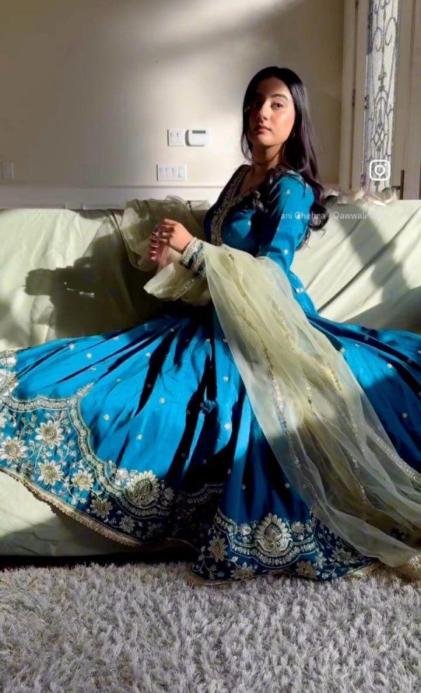Elegant Blue Satin Silk Embroidered Gown Set - Image 4