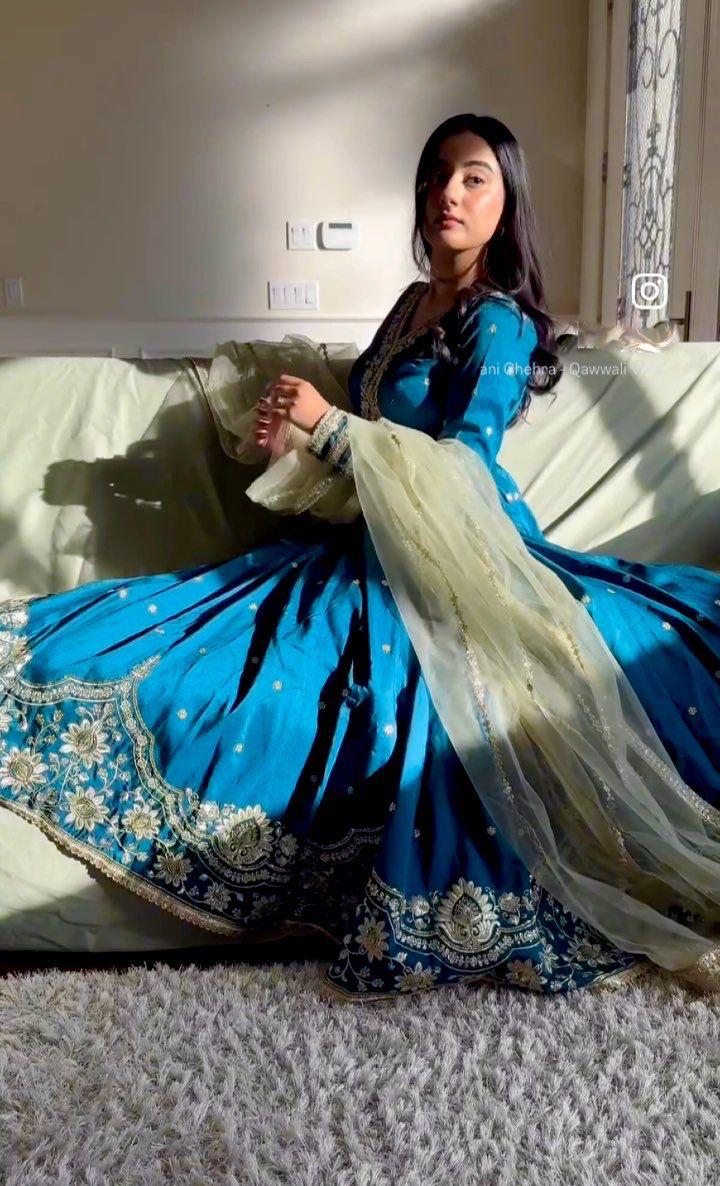 Elegant Blue Satin Silk Embroidered Gown Set - Image 4