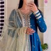 Elegant Blue Satin Silk Embroidered Gown Set