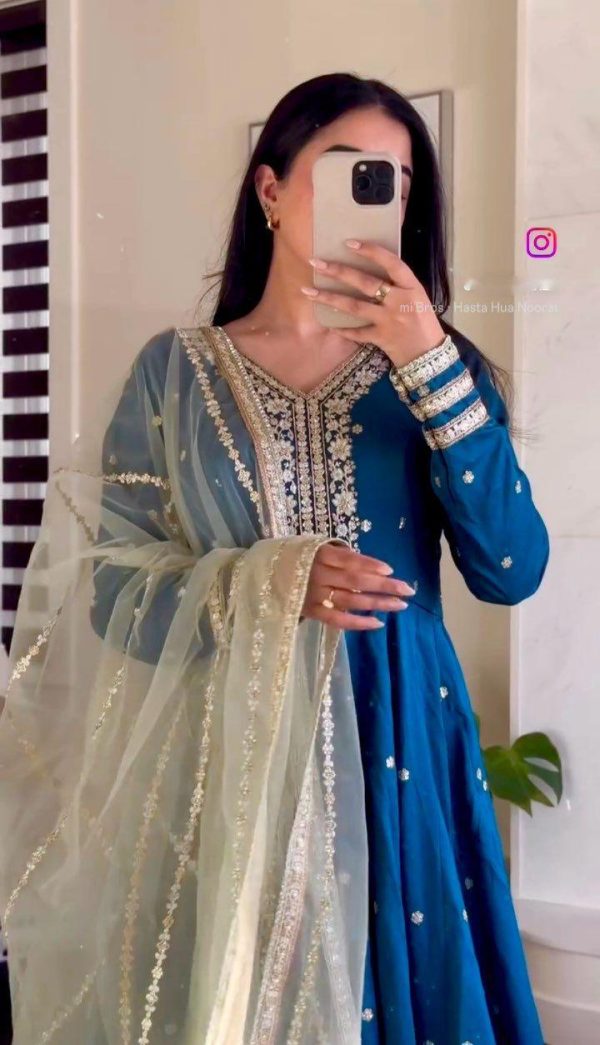 Elegant Blue Satin Silk Embroidered Gown Set