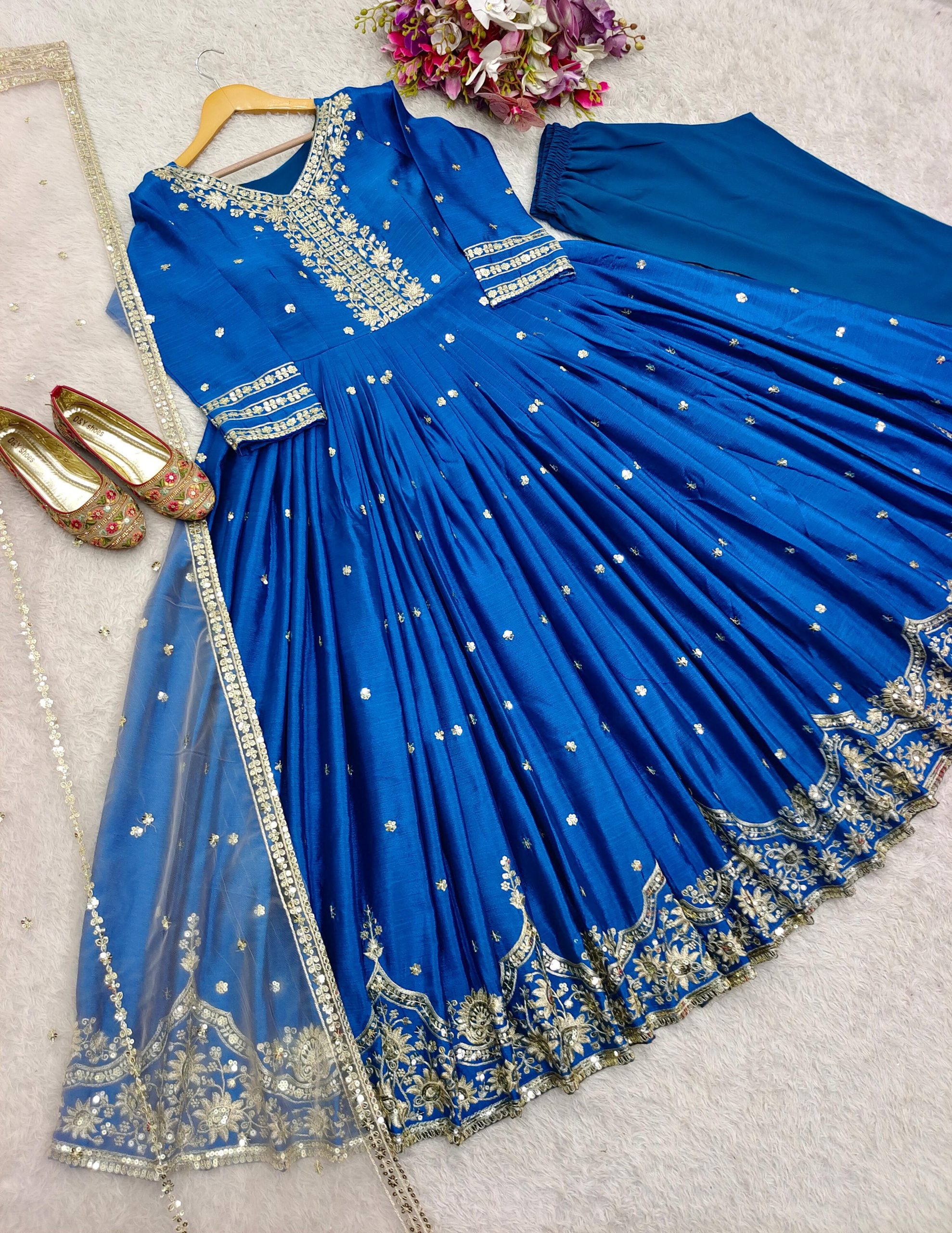 Elegant Blue Satin Silk Embroidered Gown Set - Image 6
