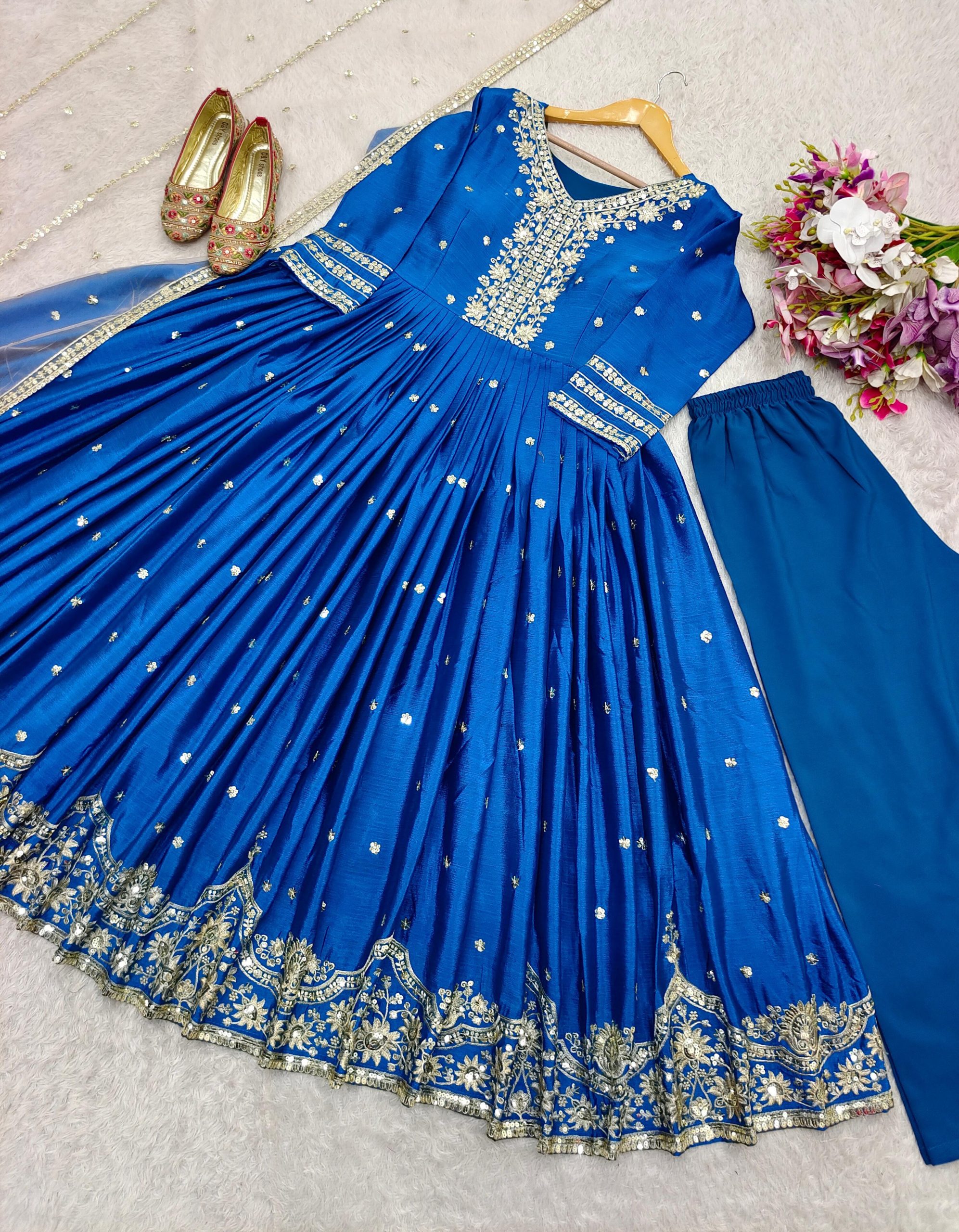 Elegant Blue Satin Silk Embroidered Gown Set - Image 7