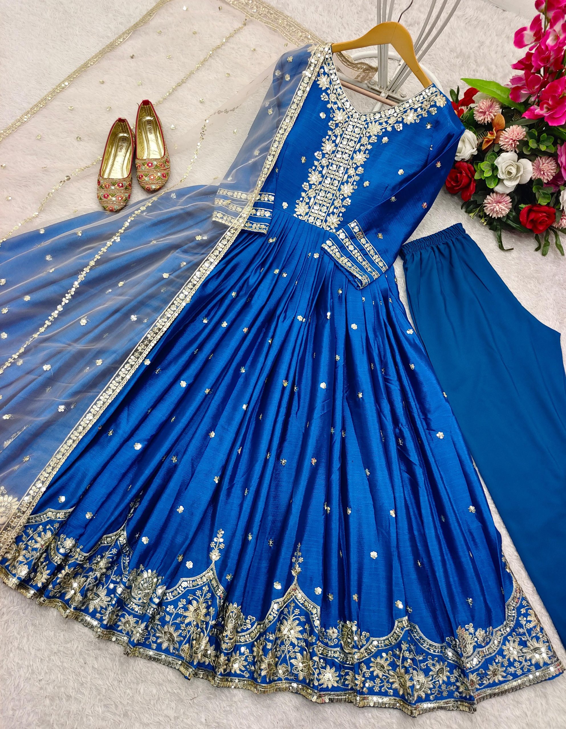Elegant Blue Satin Silk Embroidered Gown Set - Image 8