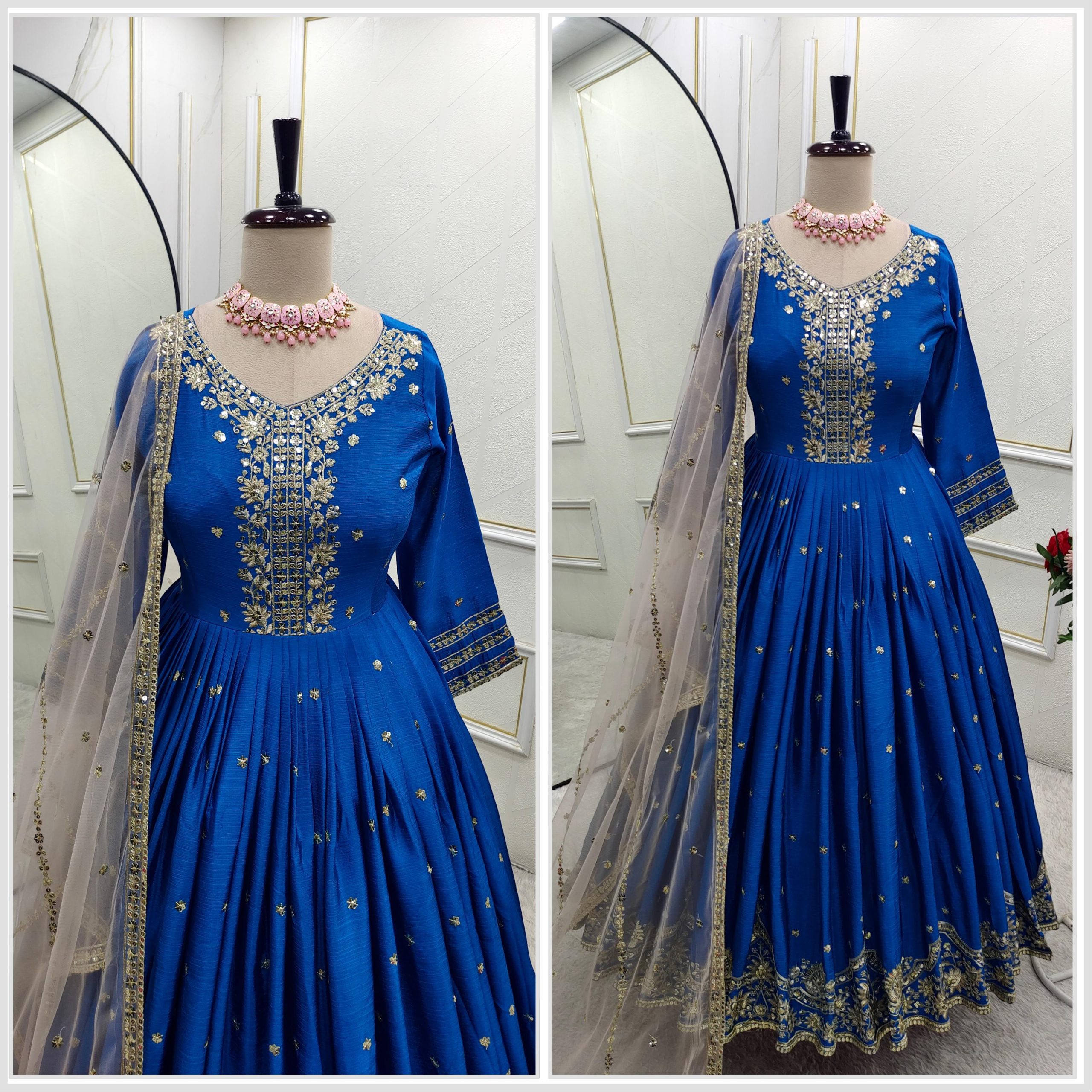 Elegant Blue Satin Silk Embroidered Gown Set - Image 9