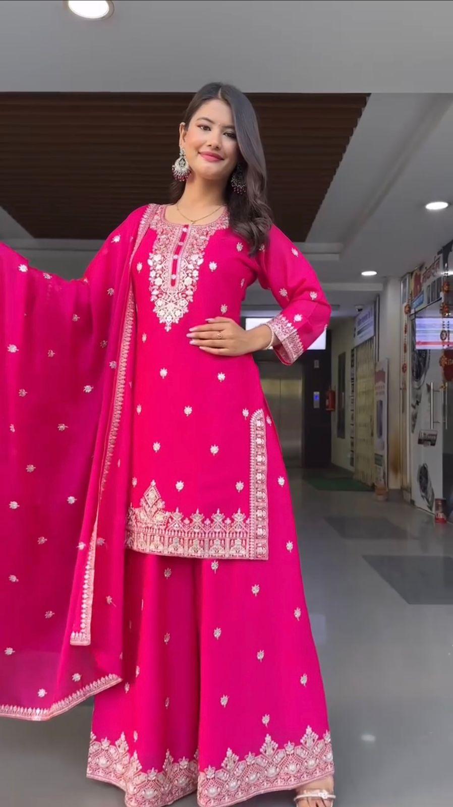Elegant Foux Georgette Embroidered Palazzo Suit Set - Hot Pink - Image 7