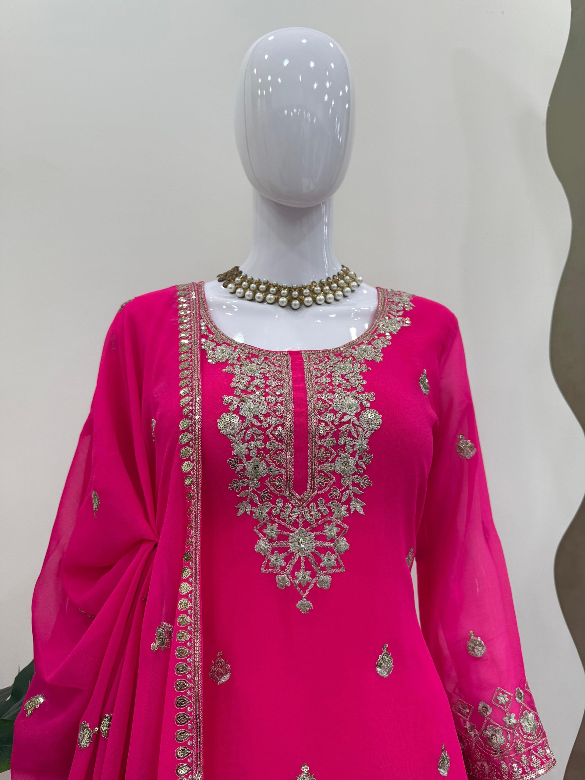Elegant Foux Georgette Embroidered Palazzo Suit Set - Hot Pink - Image 16