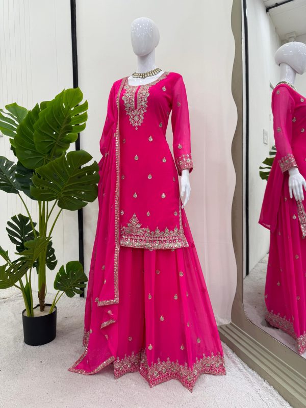 Elegant Foux Georgette Embroidered Palazzo Suit Set - Hot Pink - Image 2