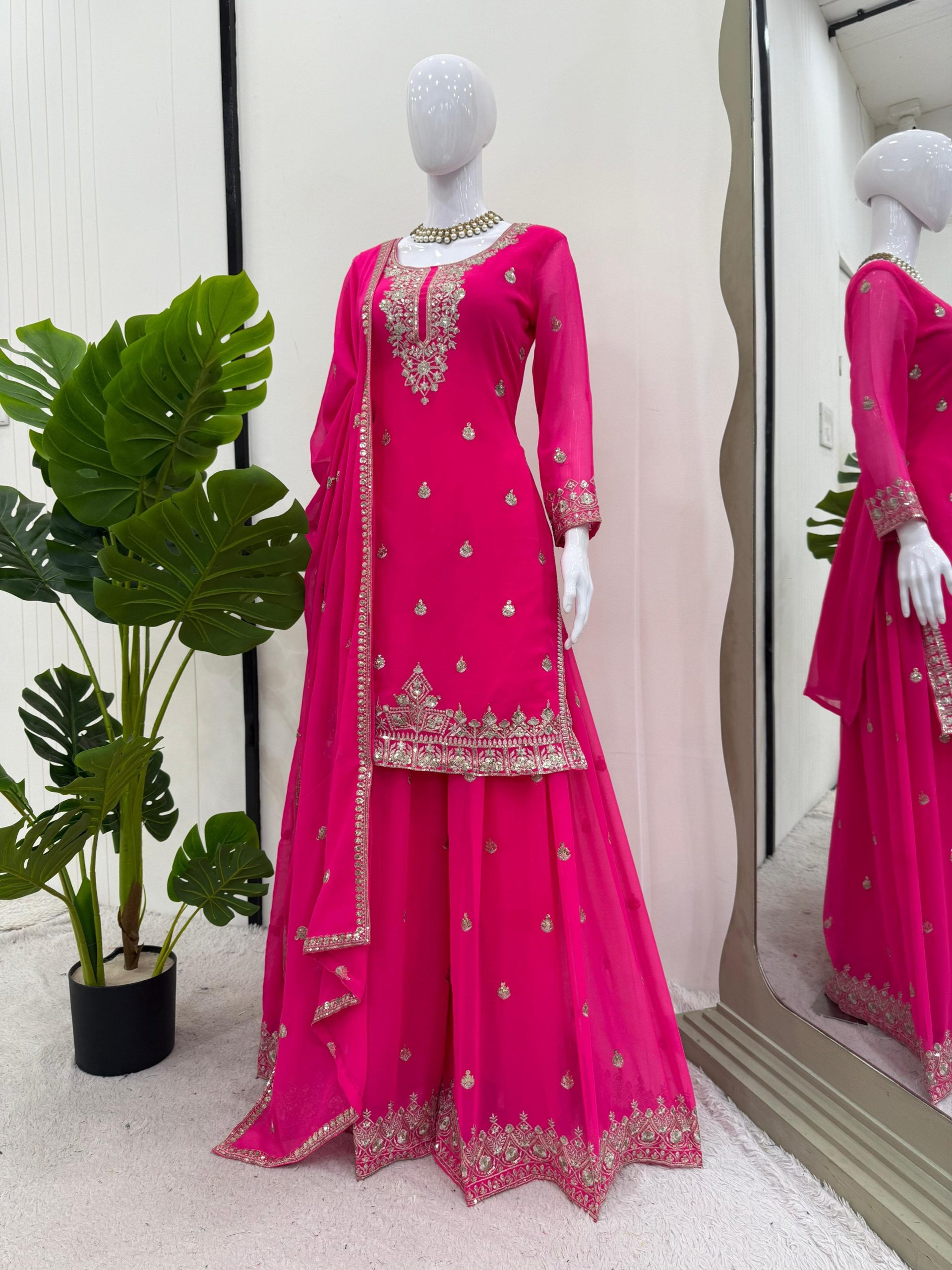 Elegant Foux Georgette Embroidered Palazzo Suit Set - Hot Pink - Image 2