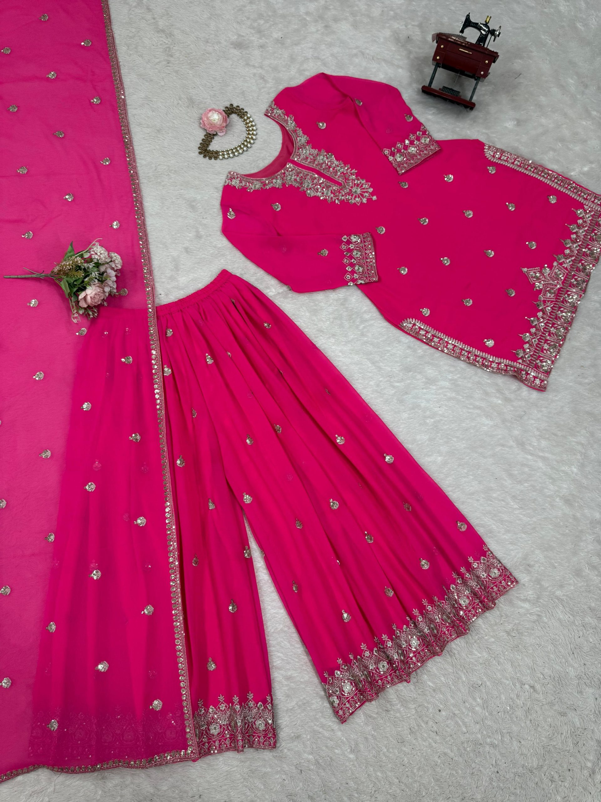 Elegant Foux Georgette Embroidered Palazzo Suit Set - Hot Pink - Image 3