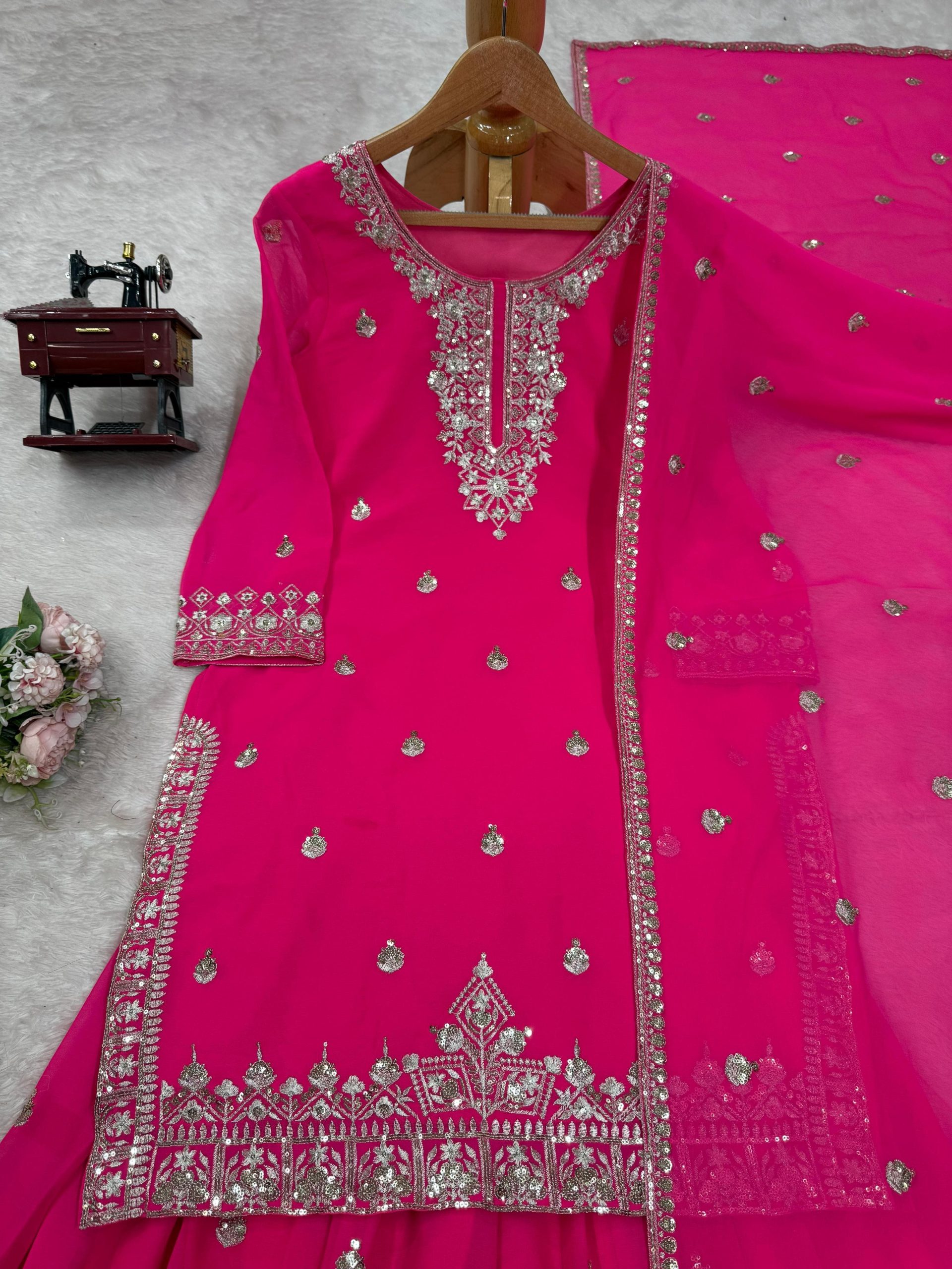 Elegant Foux Georgette Embroidered Palazzo Suit Set - Hot Pink - Image 4