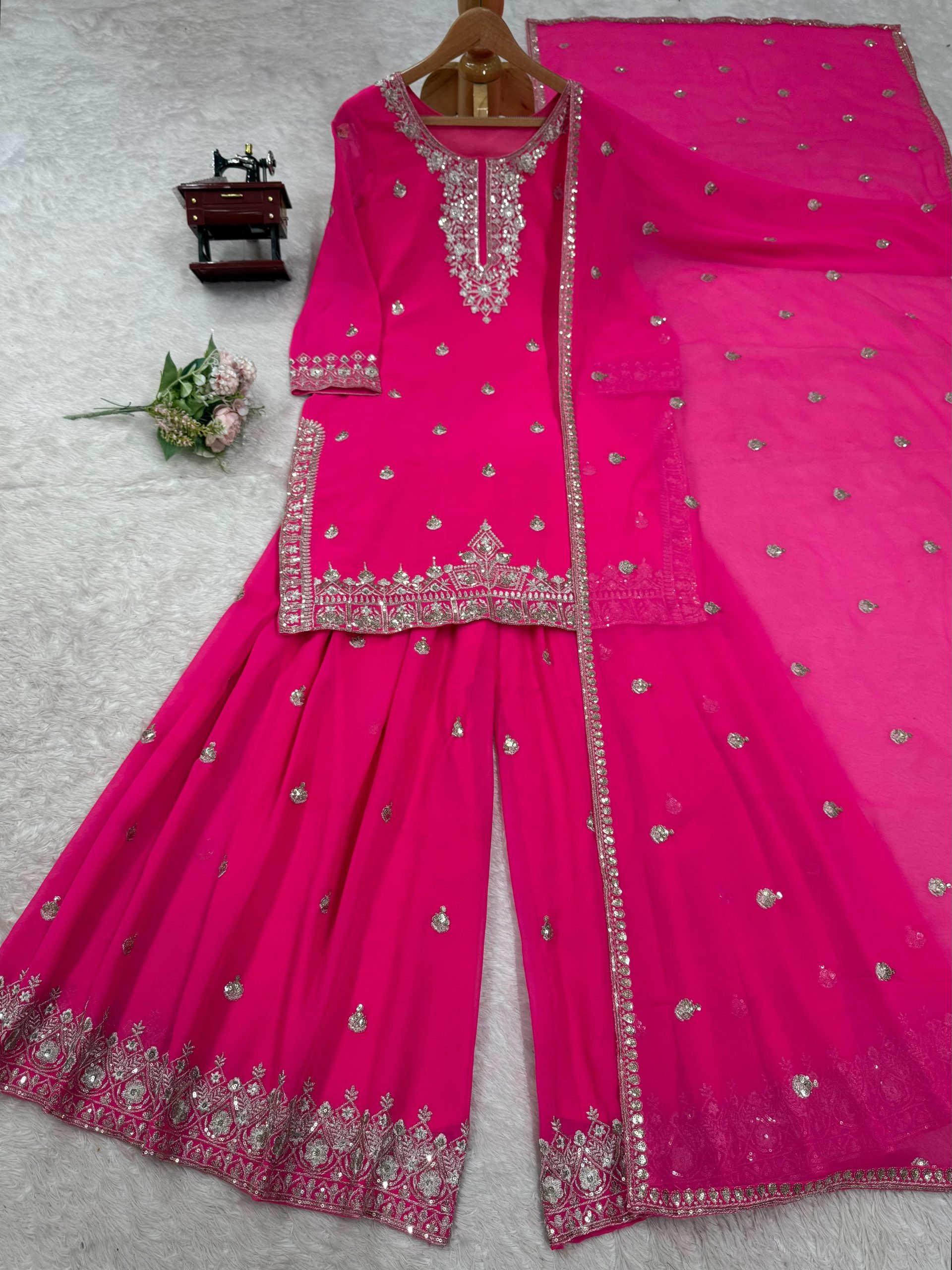 Elegant Foux Georgette Embroidered Palazzo Suit Set - Hot Pink - Image 6