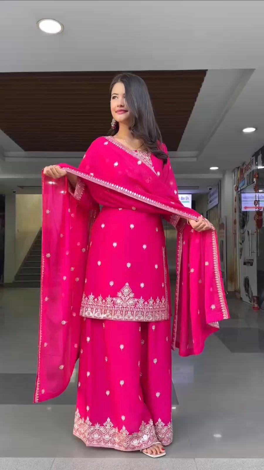 Elegant Foux Georgette Embroidered Palazzo Suit Set - Hot Pink - Image 8