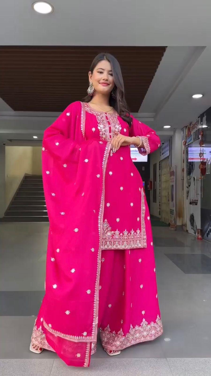 Elegant Foux Georgette Embroidered Palazzo Suit Set - Hot Pink