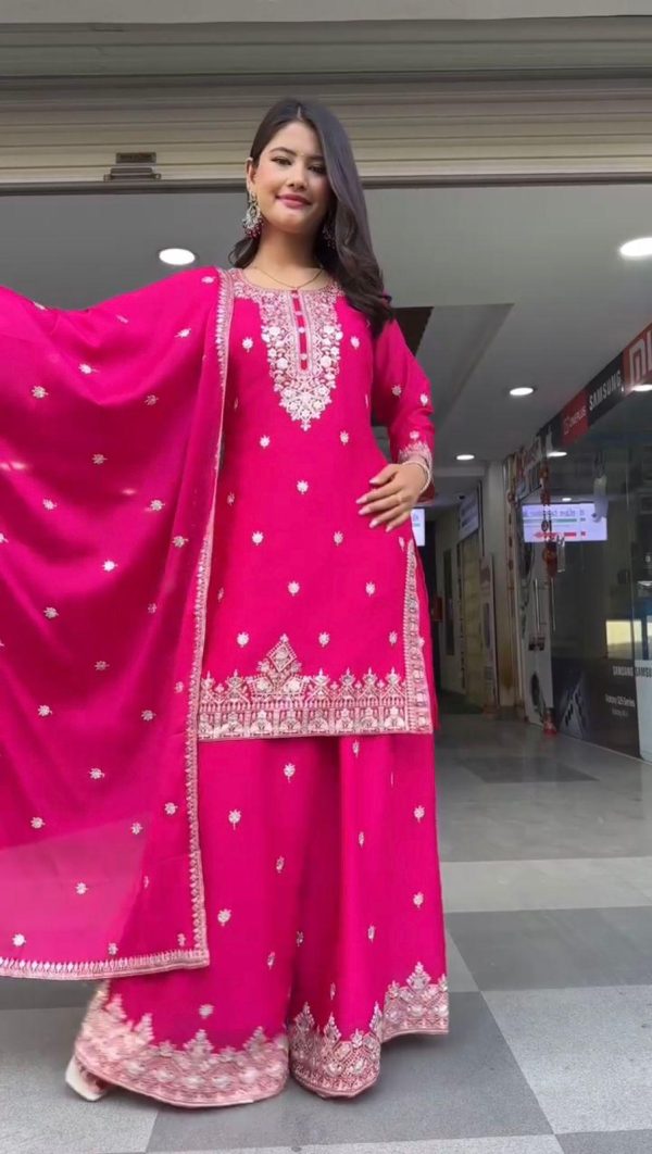 Elegant Foux Georgette Embroidered Palazzo Suit Set - Hot Pink - Image 10