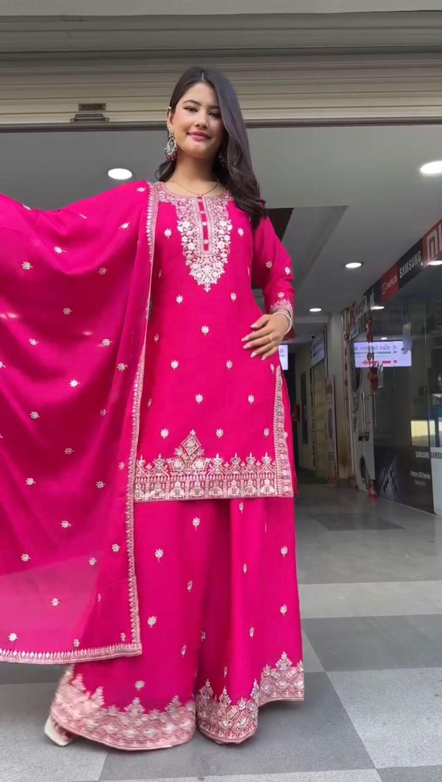 Elegant Foux Georgette Embroidered Palazzo Suit Set - Hot Pink - Image 10
