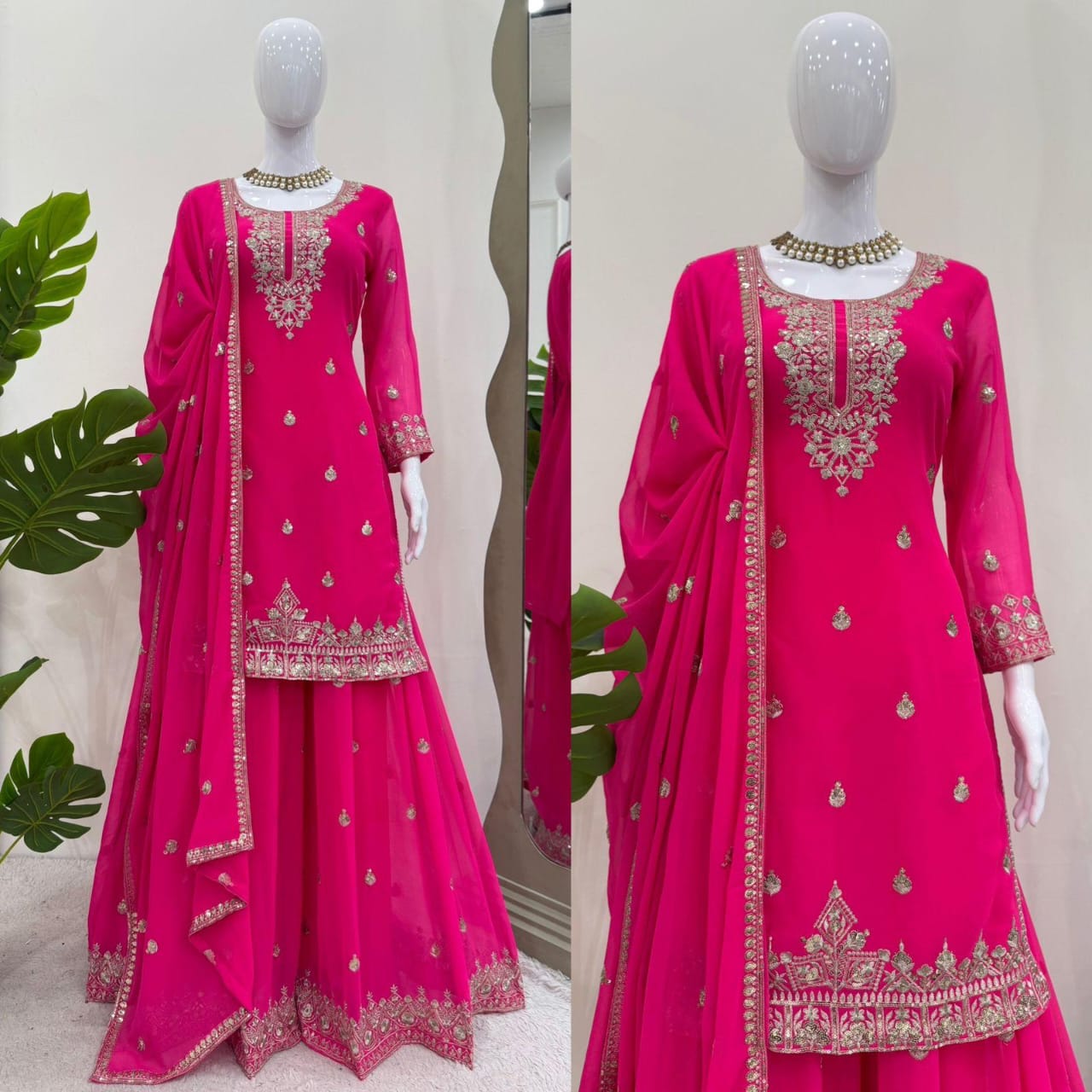 Elegant Foux Georgette Embroidered Palazzo Suit Set - Hot Pink - Image 11