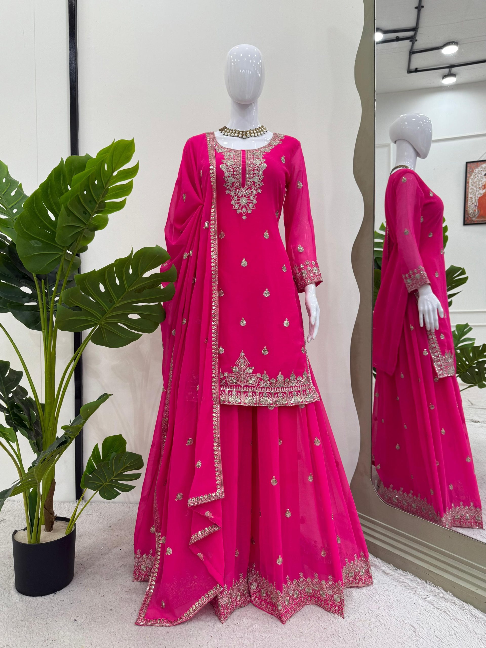 Elegant Foux Georgette Embroidered Palazzo Suit Set - Hot Pink - Image 12