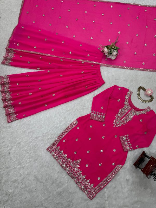 Elegant Foux Georgette Embroidered Palazzo Suit Set - Hot Pink - Image 13