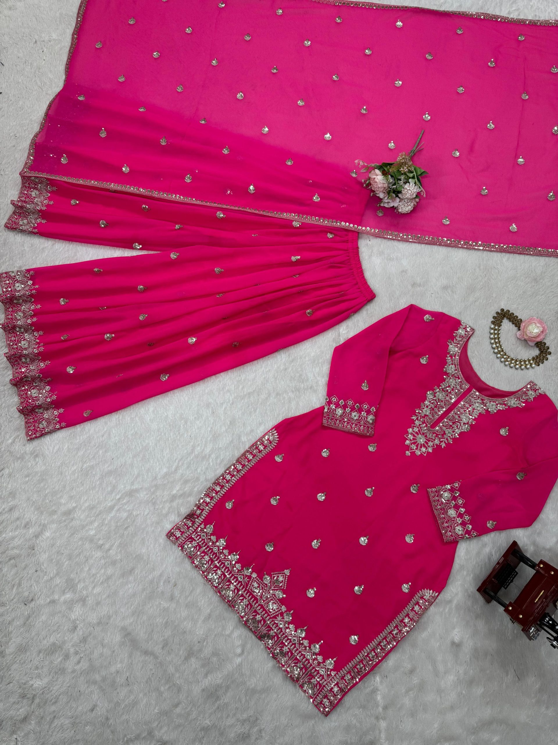 Elegant Foux Georgette Embroidered Palazzo Suit Set - Hot Pink - Image 13